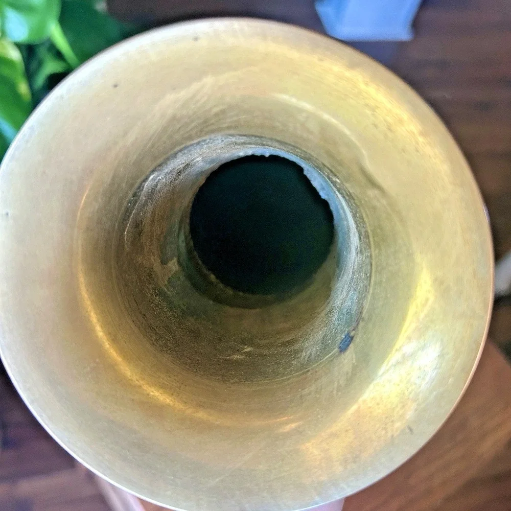 VTG Etched 14 inch Indian Brass Vase Colored Inlay Botanical Pattern Boho MCM